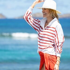 Dudley Stephens White and Red Terry Fleece Striped Marion  Zip Pullover, Sz S